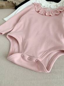 SHEIN LMoss Kids LMoss 3件套新生女宝宝荷叶边领针织连体衣，秋冬季