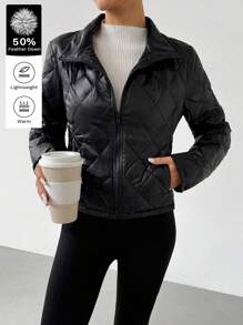 SHEIN EZwear Chaqueta casual con cremallera delantera, relleno de plumas y manga larga de unicolor para mujer - Negro - Ver 6