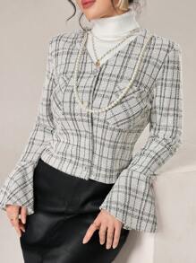 Modelyn 女士格子印花喇叭袖口袋优雅短款夹克，春秋季 - 黑與白 - 查看 1