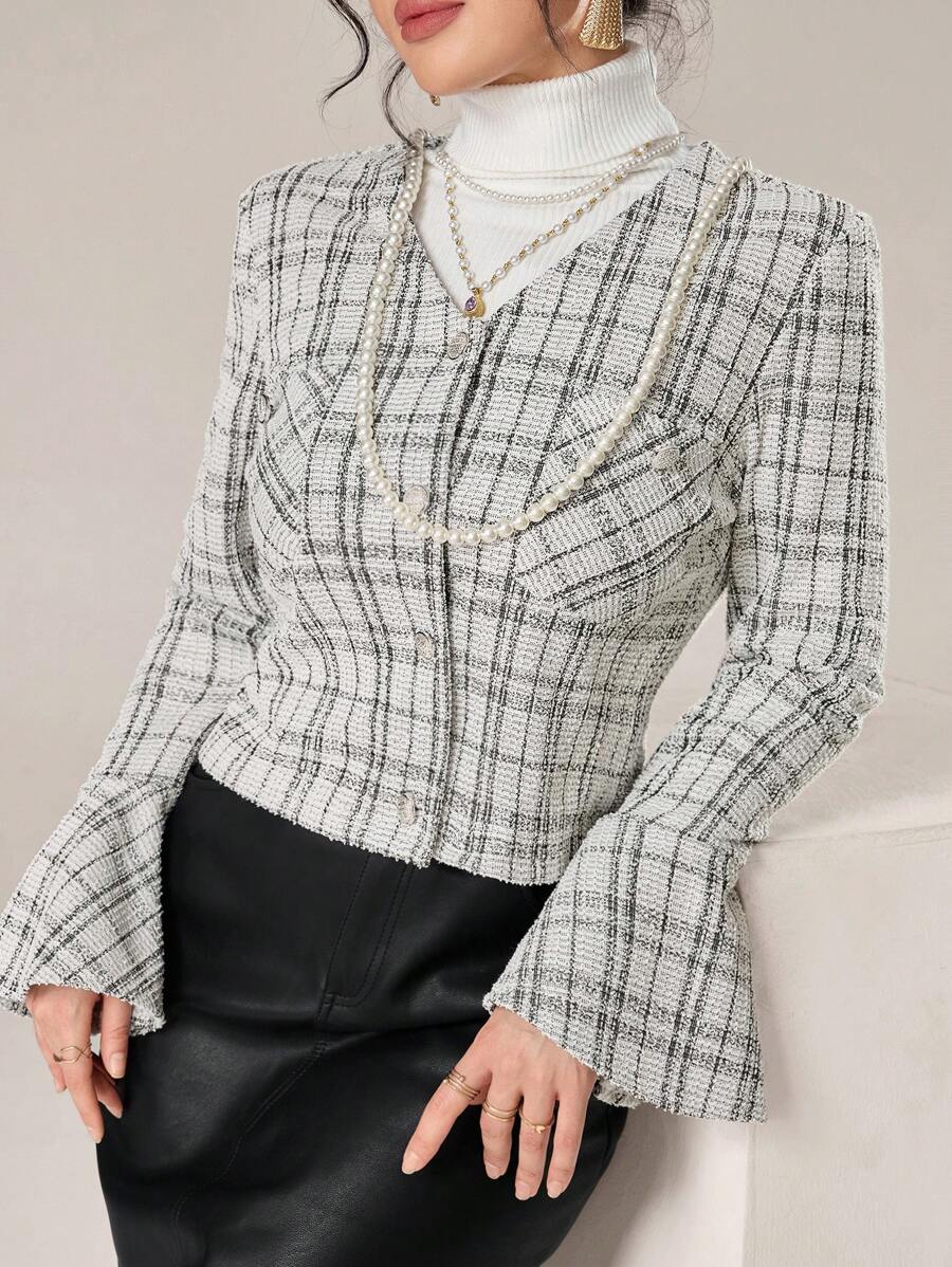 Modelyn 女士格子印花喇叭袖口袋优雅短款夹克,春秋季 - 黑與白 - 查看 1