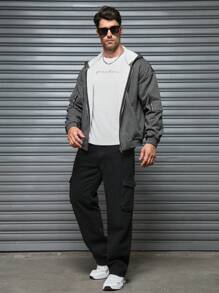 Manfinity Homme Men's Solid Color Zip-Up Hooded Casual Fleece Jacket, Fall/Winter - Black - View 5