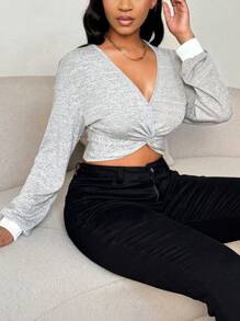 Zolique 日常优雅商务交叉 V 领荷叶边结饰撞色秋季女式连帽衫短款运动衫秋季女装 - 灰色 - 查看 5