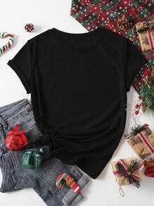 INAWLY 1 Áo thun cổ tròn tay ngắn in hình cây thông Noel thường ngày cho nữ, thích hợp cho ngày lễ, quần áo áo thun họa tiết Áo thun họa tiết cho nữ - màu đen - Xem 2