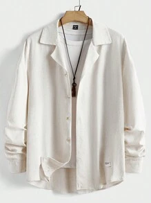 Manfinity VCAY 2 件男士修身休闲翻领长袖编织衬衫套装，秋季 - 杏色 - 查看 7