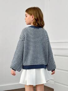 SHEIN Leap Crew 青少年女孩宽松舒适简约圆领条纹图案落肩套头毛衣 - 藍色 - 查看 11