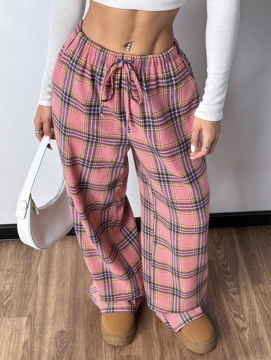 SHEIN EZwear 休闲抽绳腰格子阔腿裤，秋季 - 彩色 - 查看 1