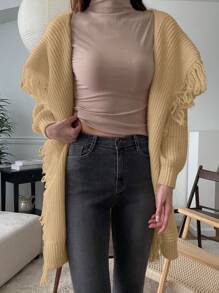 DAZY Women's Solid Color Long Cardigan With Fringed Oversized Collar,Fall Clothes - Khaki - View 4