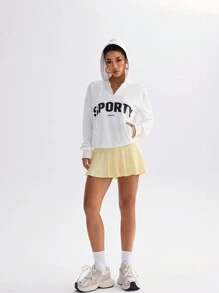 Easithlete Áo nỉ rộng rãi có mũ trùm đầu in chữ có dây rút dành cho nữ - Màu be - Xem 4