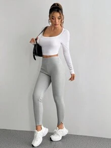 SHEIN Unity 女式灰色罗纹保暖内衬紧身裤，长款修身保暖内衬裤，适合秋冬季 - 灰色 - 查看 4