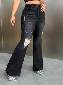SHEIN ICON Jeans acampanados de cintura alta con agujeros desgastados, estilo Y2K de talla grande para mujer