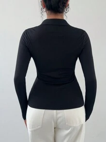 Chiquease 复古性感 V 领弹力修身 Polo 衫，别致长袖 T 恤，带有随机花卉印花