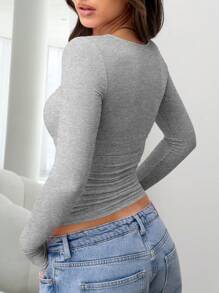 Áo thun nữ dài tay cổ tròn, màu trơn, dáng ôm, nhún bèo, thanh lịch và đa năng, phù hợp cho mùa hè, thu/đông và mùa xuân. - Màu Xám nhạt - Xem 2