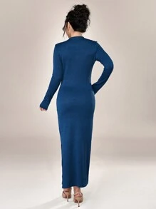 Modelyn Women's Solid Color V-Neck Twist Hollow Long Sleeve Slim Elegant Midi Dress, Spring Autumn Long Evening Dresses - Teal Blue - View 2