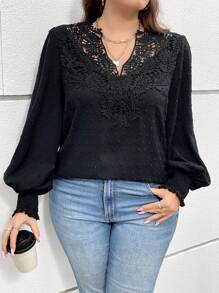 SHEIN Clasi 大码女式优雅黑色长袖拼接领衬衫，办公室穿着，百搭 - 黑色 - 查看 1