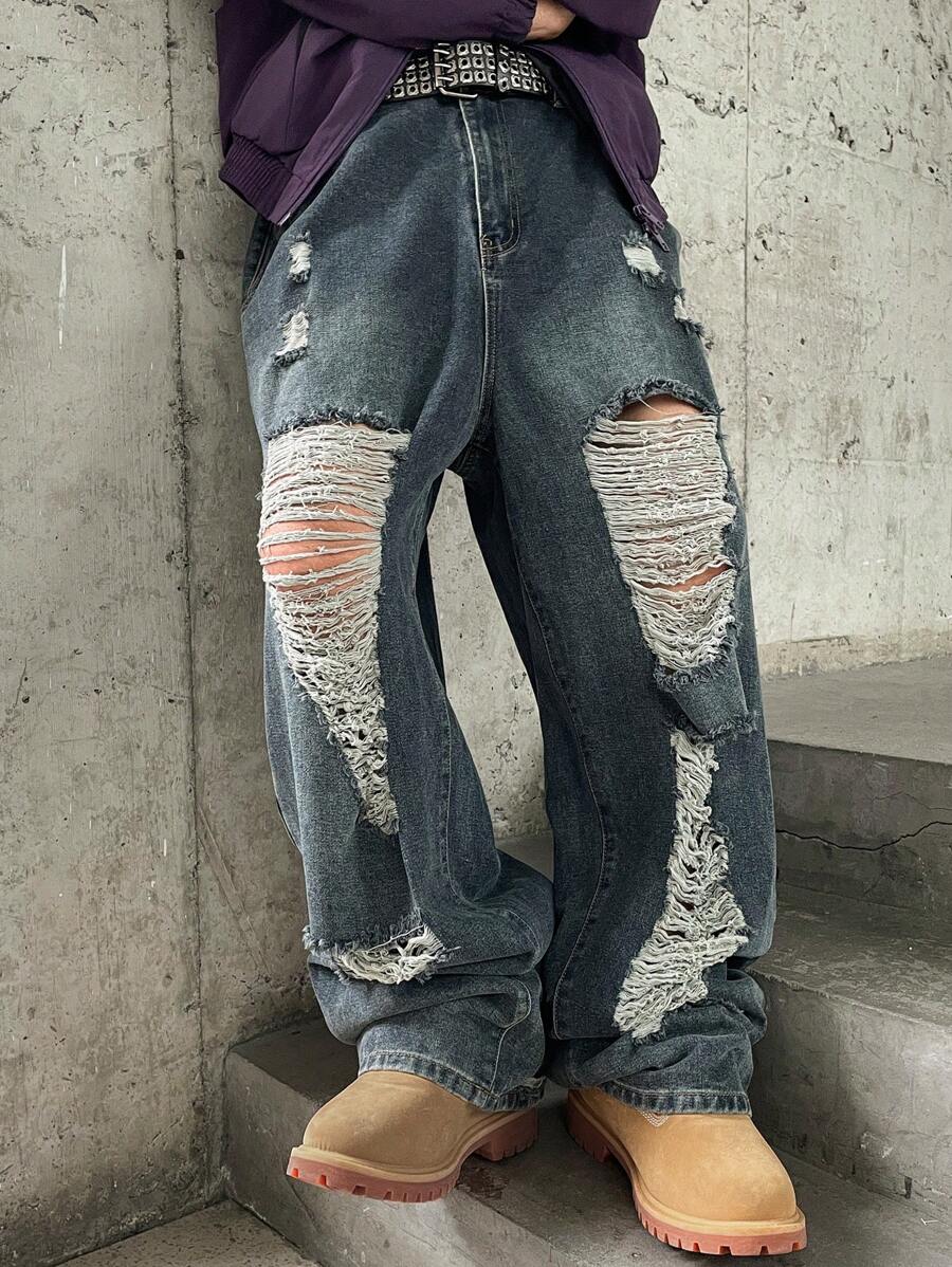Manfinity EMRG Pantaloni di jeans a palloncino ampi e stinti vintage da uomo stile Y2K streetwear, blu navy - blu polveroso - Visualizzare 1