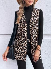 EMERY ROSE Women's Leopard Print Patchwork Pocket Sleeveless Jacket (T-Shirt Not Included) In Fall/Winter - Multicolor - View 3