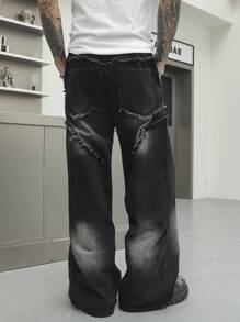 Manfinity EMRG Men's Dark Black Vintage Washed Wide Leg Casual Denim Pants