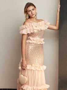 MOTF Soiréza MESH AND SEQUINS OFF SHOULDER RUFFLE TRIM MAXI COCKTAIL DRESS - Apricot - View 4