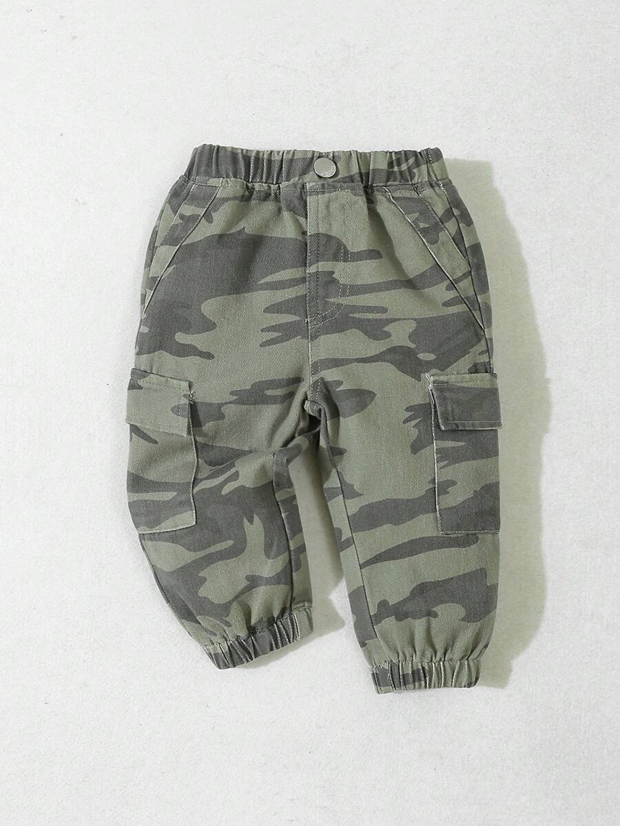 Baby Boys Washed Soft Casual Camo Print Elastic Waist Jeans Pants - Army Green - View 1