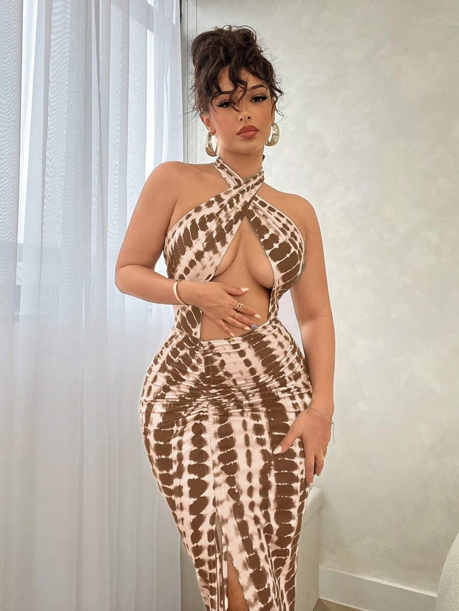 SHEIN SXY Knitted Tie-Dye Striped Print Halter Neck Waist Hollowed-Out Ladies Sexy Dress - Grey - View 1