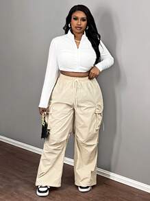 Slaydiva Pantalones cargo de talla grande con cintura alta, de uso casual, con bolsillo, color albaricoque