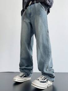 Manfinity EMRG Y2K Retro Streetwear Men's Faded Dark Blue Distressed Flare Leg Jeans With Unique Stitching Design