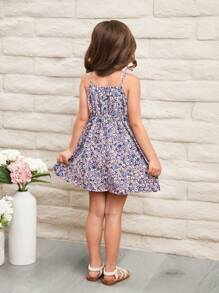 SHEIN Vestido sin mangas con estampado floral en estilo campestre encantador y cómodo para niña joven - Morado - Ver 2