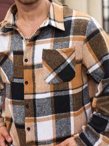 Manfinity Homme Plus Size Men's Plaid Pocket Single-Breasted Casual Going Out Shacket, For Friends, Husband, Boyfriend Gifts, For Fall