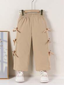 SHEIN Elladie kids Young Girl Fashionable Casual Pink Bowknot Loose Waist Wide Leg Sweatpants Spring & Summer, Toddler
