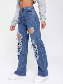 SHEIN EZwear 休闲破洞直筒牛仔裤 - 深色水洗藍 - 查看 5