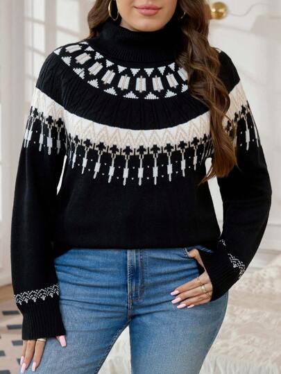Plus Size Casual Geometric Pattern Raglan Sleeve Turtleneck
