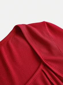 SHEIN Girlism Teen Girl's Red Crew Neck Long Sleeve Christmas Knit Sweater, Slim Fit Asymmetrical Slit Hem Base Layer Top, Suitable For Christmas, Thanksgiving, New Year