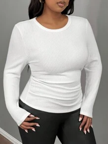 Slaydiva Plus Size Casual Simple Round Neck Long Sleeve Ruched Waist Fleece White T-Shirt Top, Autumn/Winter Basic Long Sleeve Topswhite Long Sleeve Topribbed Top - White - View 3