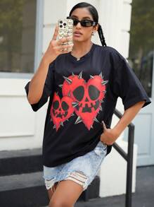 Manfinity VCAY Men's Loose Fit Heart Print Round Neck Short Sleeve T-Shirt, Suitable For Summer, For Halloween - Black - View 4