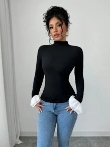 Rafferiza Women's Spring & Autumn Mock Neck Color-Block Bell Sleeve Fitted T-Shirt Fall Cloth For Women - Black - View 3