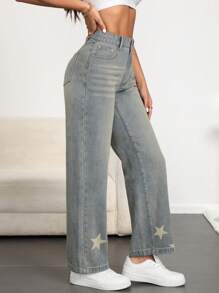 SHEIN Essnce Women's Loose Fit Five-Pointed Star Print Pocketed Casual Flared Jeans