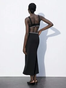 Maija 女士无袖优雅长裙，腰部饰有仿珍珠，侧面镂空，适合夏季、圣帕特里克节、复活节、春节、音乐节 - 黑色 - 查看 2