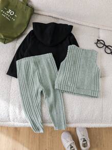 SHEIN 3pcs Set: Black Knitted Long Sleeve Hoodie, Green Ribbed Tank Top, And Ribbed Pants, For Outings - Baby Girl - Black - View 2