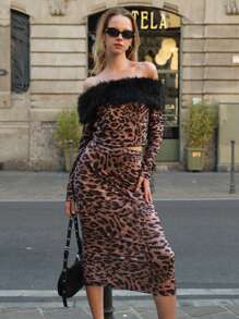 SHEIN 2 件套少女优雅派对豹纹针织弹力面料蓬松饰边露肩上衣和裙子 - 彩色 - 查看 3