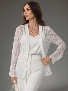 SHEIN Privé Women's White Lace Splice Long Sleeve Jacket - White - View 1