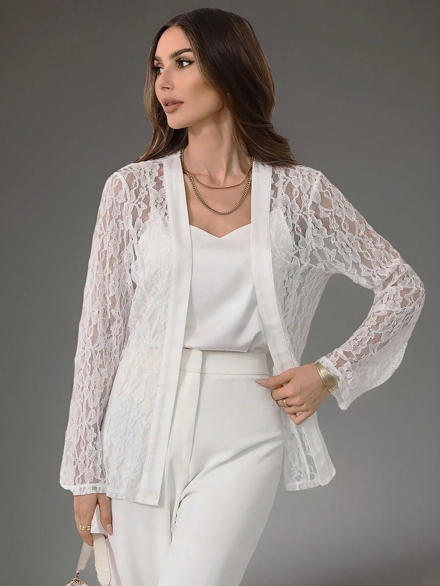 SHEIN Privé Women's White Lace Splice Long Sleeve Jacket - White - View 1
