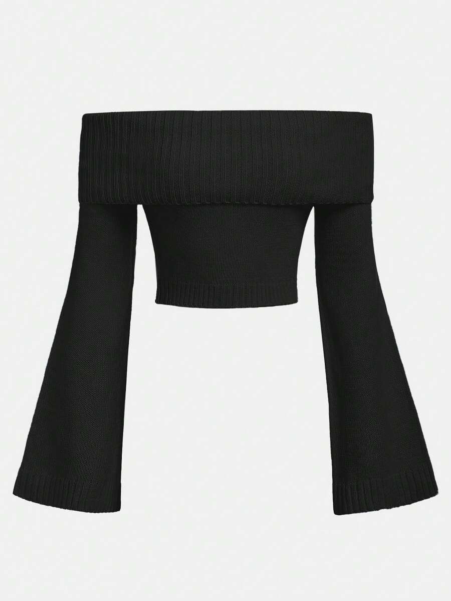 SHEIN Girlism 少女露肩喇叭袖短款针织毛衣，秋冬款 - 黑色 - 查看 1