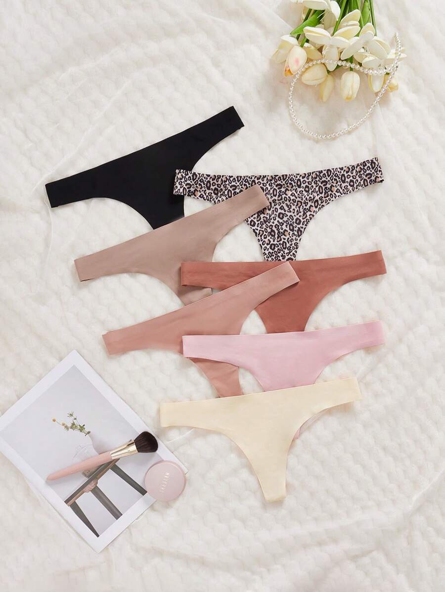 7 件装无缝舒适简约豹纹印花大地色系女式丁字裤 - 彩色 - 查看 1