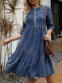 Women's Short Sleeve Denim Dress - Medium Wash - View 1