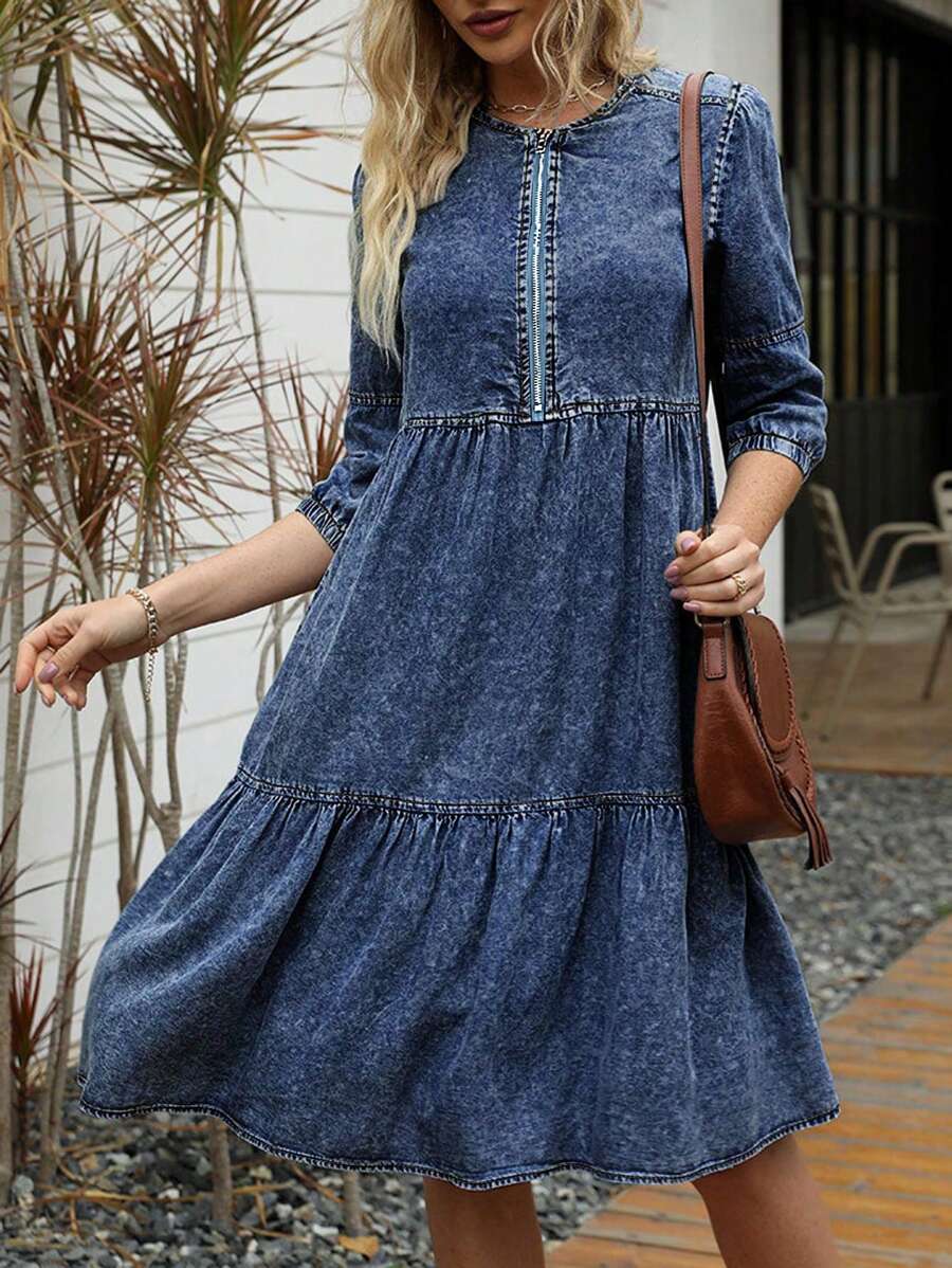 Women's Short Sleeve Denim Dress - Medium Wash - View 1