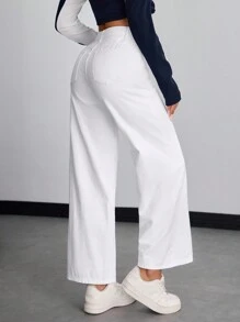 SHEIN PETITE Jeans casuales versátiles, sueltos y de pierna ancha con bolsillos para mujeres