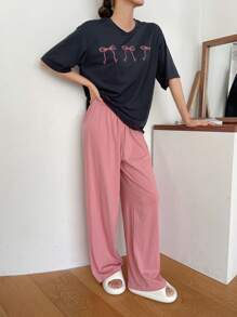 DAZY Bộ đồ ngủ in họa tiết nơ đơn giản - Màu xanh hải quân - Xem 6
