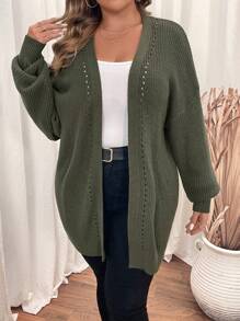 SHEIN LUNE 秋冬大码女式纯色休闲长袖开衫 - 軍綠色 - 查看 6