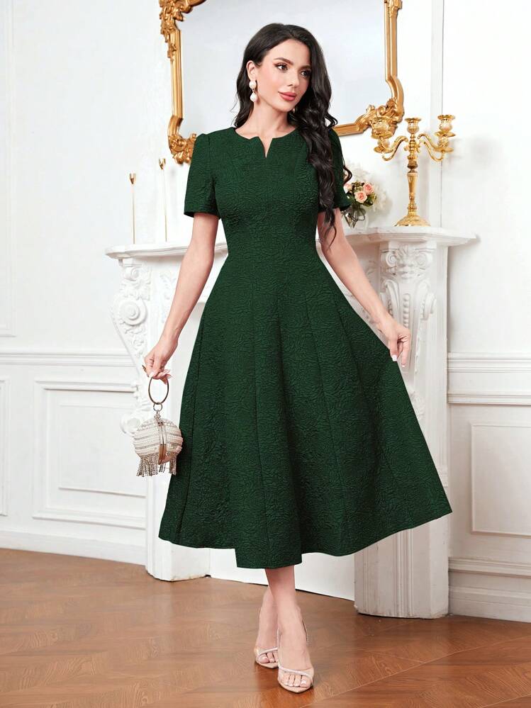 Modelyn Elegant Floral Jacquard Notched Neck Waist Cinched ...