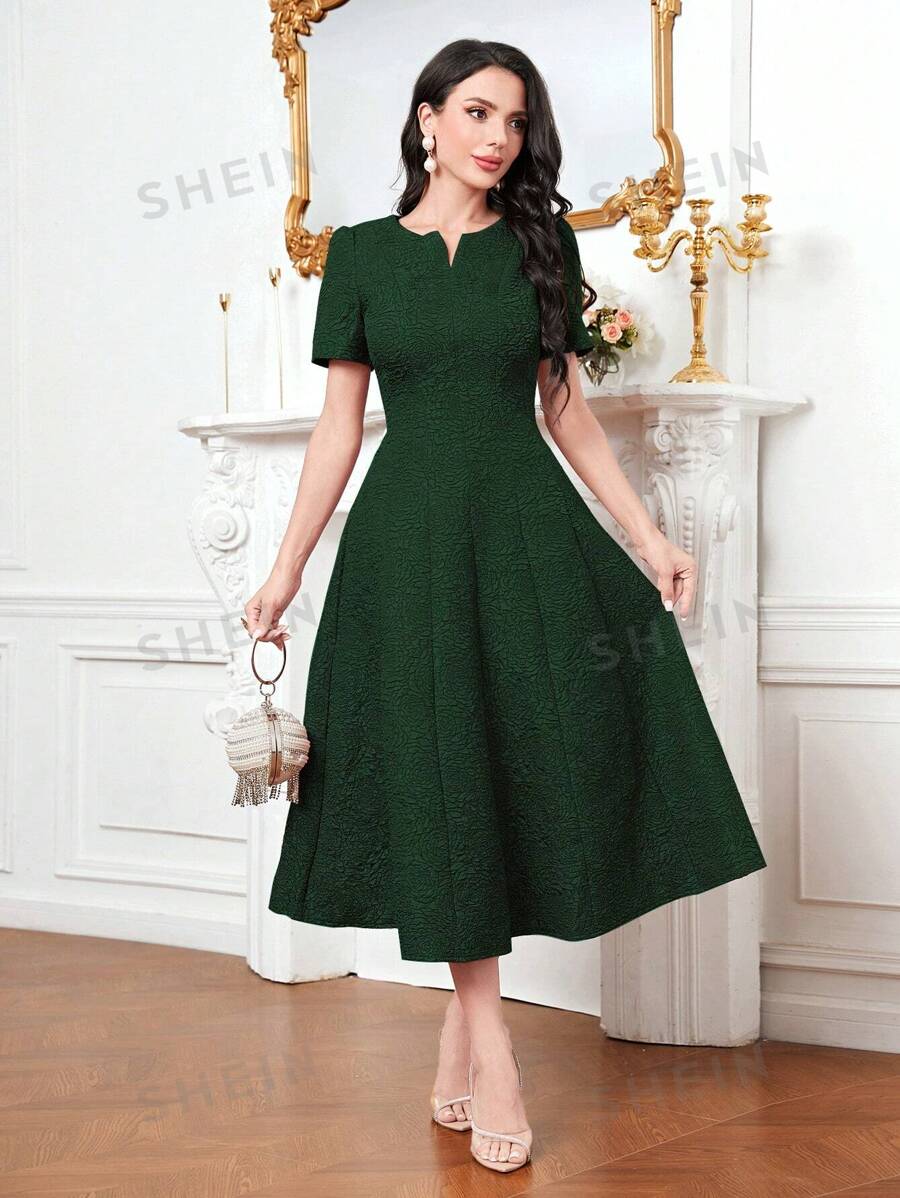 Modelyn Elegantes florales Jacquard Kleid mit Schalkragen, Taillengürtel und Kurzarm für Damen
